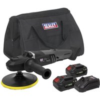 Sealey black cordless brushless rotary polisher with 180mm pad, two batteries, charger, and branded carrying bag.