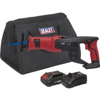 Sealey CP20VRS 20v cordless reciprocating saw, red and black, with battery, charger, and branded carrying bag.