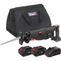 Black Sealey 20V brushless reciprocating saw with red accents, two batteries, charger, and black carrying bag.