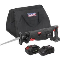 Black Sealey brushless reciprocating saw with red accents, 20V battery, charger, and black carrying bag.