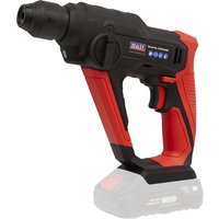 Black and red Sealey cordless SDS rotary hammer drill with ergonomic grip and visible power indicator.