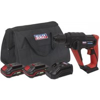 Black and red Sealey cordless rotary hammer drill with two batteries, charger, and branded carrying bag.