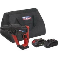 Sealey 20V cordless rotary hammer drill, black and red, with battery, charger, and branded carrying bag.
