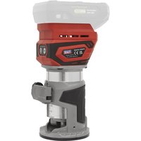 Red and gray Sealey 20v cordless brushless trim router with ergonomic grip and adjustable base.