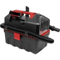 Black and red Sealey cordless wet and dry vacuum with a flexible hose and sturdy handle.