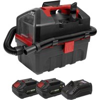 Black and red Sealey cordless wet & dry vacuum with two 20V 4Ah batteries and charger, featuring a top handle.