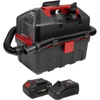 Black and red Sealey cordless wet and dry vacuum with hose, 20V battery, and charger, compact design with handle.