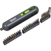 Sealey CP4VSD 4v cordless screwdriver, black with green buttons, includes 25 colorful bit set in organized holders.