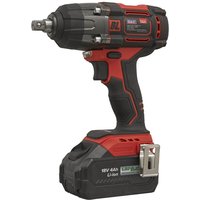 Black and red Sealey cordless impact wrench with brushless motor and 18v lithium battery pack.