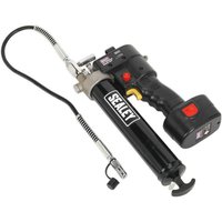 Sealey CPG12V 12V cordless grease gun, black with red trigger, flexible hose, and rechargeable battery pack.