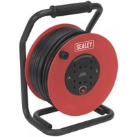 Red Sealey cable reel with black handle, 50M length, 4 sockets, heavy-duty design, and thermal trip feature.
