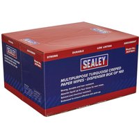 Sealey creped turquoise multi-purpose paper wipes in a red and blue dispenser box with Sealey logo.
