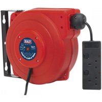 Red Sealey retractable cable reel system with 15M cord and two black 230V sockets, wall-mountable design.