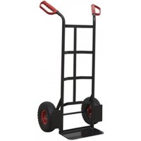 Heavy-duty black sack truck with red handles, PU tyres, and 250kg capacity by Sealey.