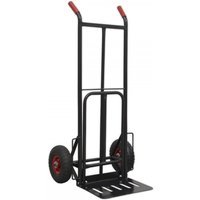 Black heavy-duty sack truck with red handles, PU tyres, and a 300kg capacity by Sealey.