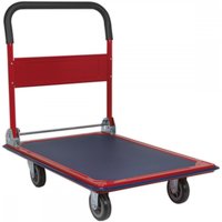 Red and blue Sealey platform truck with black handle, four swivel wheels, and 300Kg capacity.