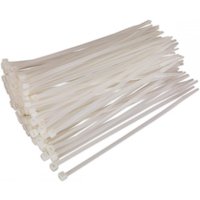 White Sealey cable ties 200x4.8mm, pack of 100, with smooth surface and locking teeth at one end.