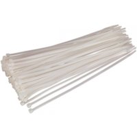 White Sealey cable ties, 300mm x 4.8mm, pack of 100, with smooth surface and locking mechanism at one end.