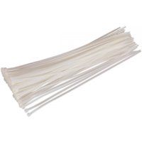 White Sealey cable ties, 380 x 4.8mm, pack of 100, long and thin with a smooth finish and locking teeth.