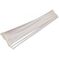 White Sealey cable ties, 450 x 7.6mm, pack of 50, long and narrow with locking mechanism at one end.