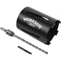 Black Sealey dry diamond core drill Ø117mm with side slots and a long drill bit attachment.