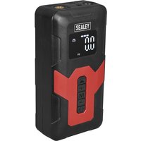 Black and red Sealey CTI140 tyre inflator with digital display and power bank feature, compact and portable design.