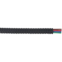 Black Sealey convoluted cable sleeving, split design, 7-10mm diameter, 50m length, showing multicolored wires inside.