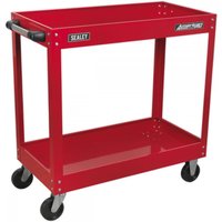 Red Sealey CX105 workshop trolley with two shelves, black handles, and four swivel casters.