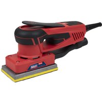 Red and black Sealey DAS151PS orbital sander with rectangular sanding pad and ergonomic handle.