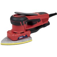 Red and black Sealey variable speed detail sander with ergonomic handle and triangular sanding pad.