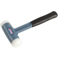 Blue Sealey dead blow hammer with black grip handle and white nylon faces.