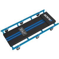 Blue Sealey Deluxe Creeper with padded black surface, blue frame, and six swivel casters.