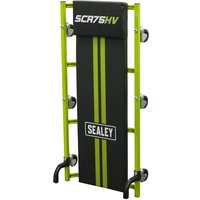 Green Sealey Deluxe American Style Creeper with padded black surface, yellow stripes, and six wheels.