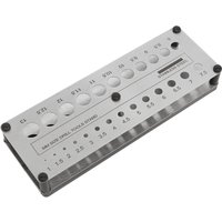 Gray Sealey desktop drill bit storage stand with labeled holes for various bit sizes, rectangular shape, and black corner caps.