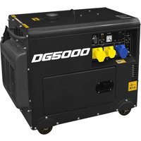 Black Sealey DG5000 diesel generator with control panel, yellow and blue sockets, and sturdy wheels.