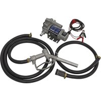 Sealey portable diesel/fluid transfer pump with black hoses, metal nozzle, and red-black battery clamps.