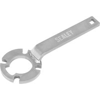 Silver Sealey crankshaft holding tool with circular end and square handle for Volvo and Ford belt drive systems.