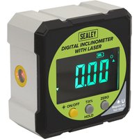 Sealey digital laser inclinometer with green display, black buttons, and silver casing.
