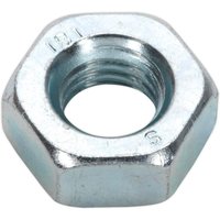 Hexagonal zinc-plated steel nut with threaded interior and shiny silver finish.