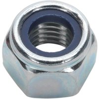 Zinc-plated nylon lock nut with hexagonal shape and blue nylon insert for secure fastening.