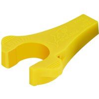 Yellow Sealey disconnect clip and depth gauge with curved end and textured grip for SharkBite Speedfit systems.