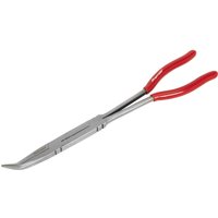 Sealey double jointed long reach bent nose pliers with red rubber grips and silver elongated jaws.