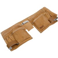 Sealey Double Pouch Leather Tool Belt in tan leather with multiple pockets and metal buckle.