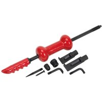 Red-handled Sealey DP945 slide hammer kit with black attachments, including hooks and adapters, nine pieces total.