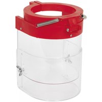 Red and clear Sealey DPG250 drill press guard with adjustable clamps and cylindrical design, Ø92mm.