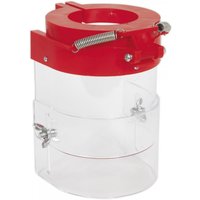 Red and clear Sealey DPG95 drill press guard with spring mechanism and adjustable clamps, Ø55mm size.