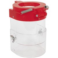 Red and clear Sealey drill press guard with spring mechanism and adjustable clamps, cylindrical design Ø60mm.