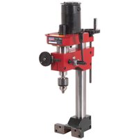 Red and black Sealey drill head for SM2503A mini lathe, featuring a vertical column and adjustable knobs.