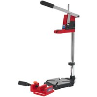 Red and silver Sealey drill stand with adjustable arm and black handle, paired with a matching red drill press vice.