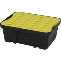 Black spill tray with a yellow perforated platform, 10L capacity, rectangular shape, by Sealey.